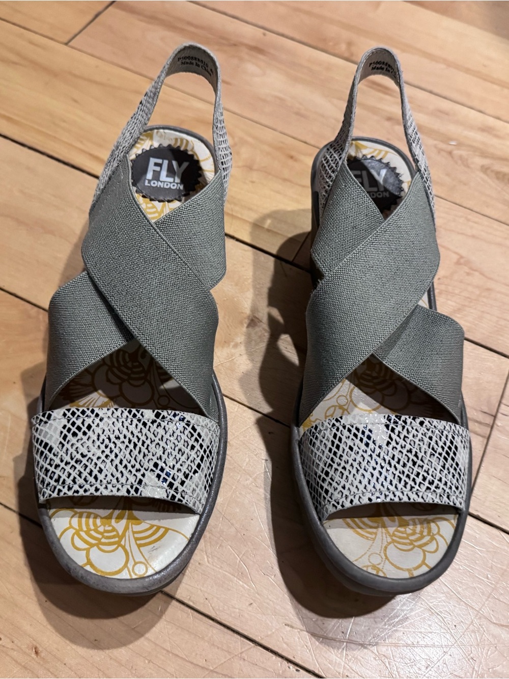 FLY London Women's Grey Crisscross Slingback Sandals with Snake print